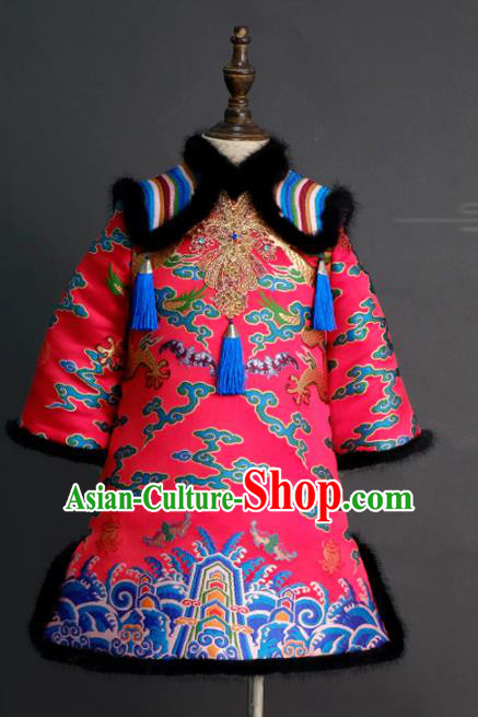 Traditional Chinese Catwalks Chorus Embroidered Rosy Qipao Dress Compere Stage Performance Costume for Kids