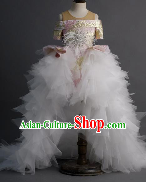 Top Children Cosplay Princess White Veil Trailing Full Dress Catwalks Compere Stage Show Dance Costume for Kids