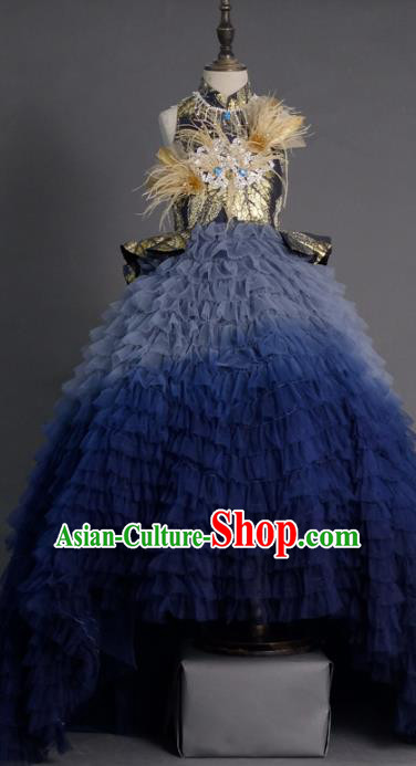 Top Children Compere Deep Blue Veil Trailing Full Dress Catwalks Stage Show Dance Costume for Kids