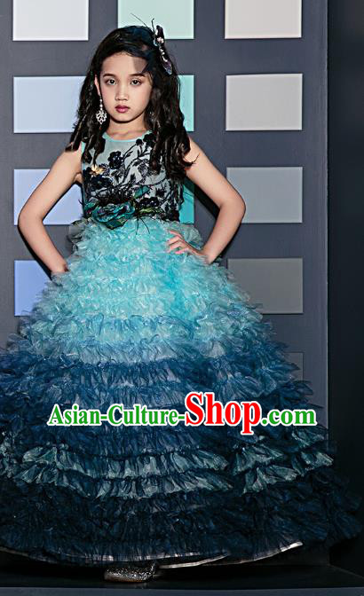 Top Children Compere Blue Veil Bubble Full Dress Catwalks Stage Show Dance Costume for Kids