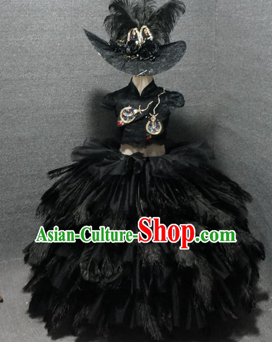 Top Children Piano Recital Black Feather Full Dress Catwalks Princess Stage Show Birthday Costume for Kids