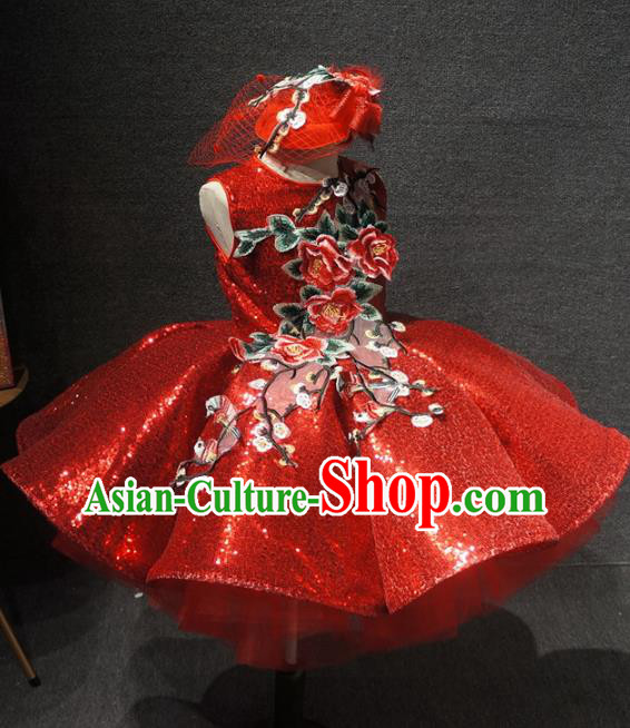 Top Children Day Dance Performance Embroidered Flowers Red Dress Catwalks Stage Show Birthday Costume for Kids