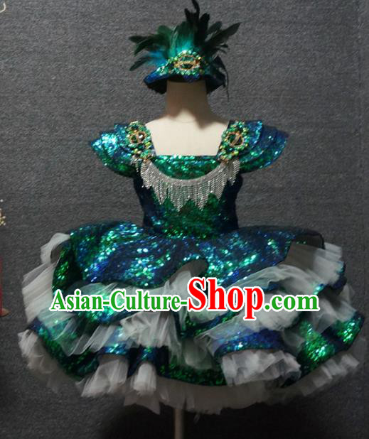 Top Children Piano Recital Green Sequins Short Dress Catwalks Princess Stage Show Birthday Costume for Kids