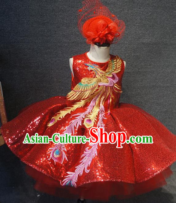 Top Children Day Dance Performance Embroidered Phoenix Red Dress Catwalks Stage Show Birthday Costume for Kids