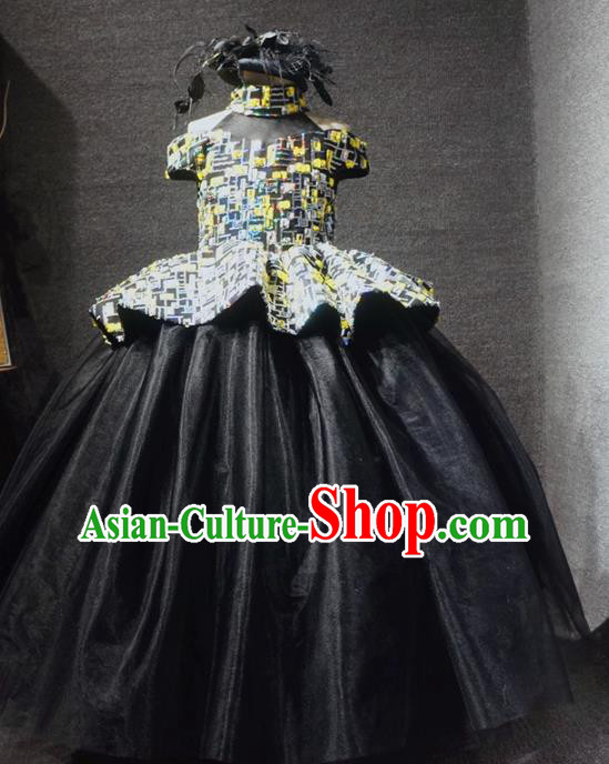 Top Children Day Dance Performance Black Full Dress Catwalks Stage Show Birthday Costume for Kids