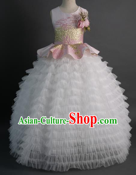 Top Children Fairy Princess Pink Feather Veil Full Dress Compere Catwalks Stage Show Dance Costume for Kids