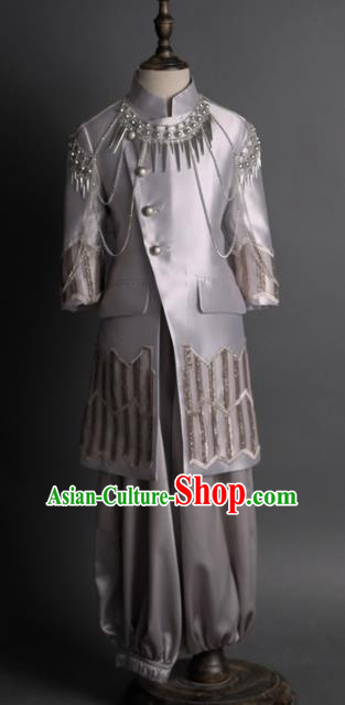 Traditional Chinese Children Grey Tang Suit Compere Classical Dance Stage Performance Costume for Kids
