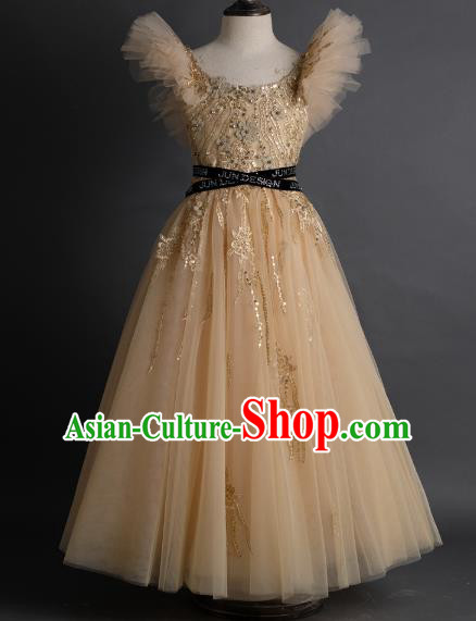 Top Children Fairy Princess Apricot Veil Full Dress Compere Catwalks Stage Show Dance Costume for Kids