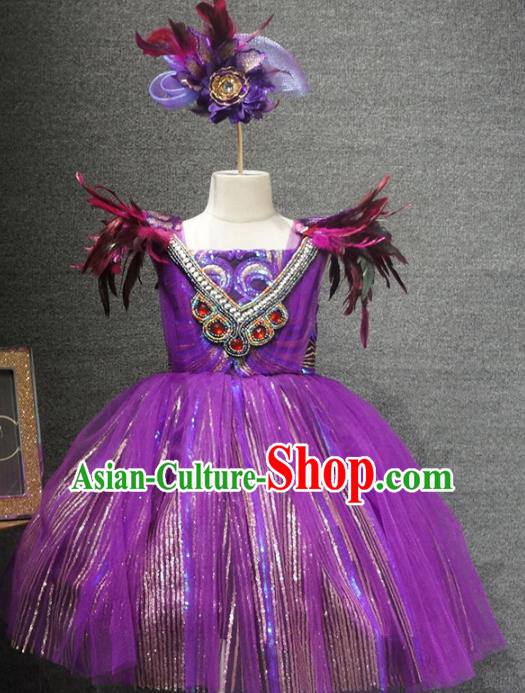 Top Grade Children Day Performance Purple Short Dress Catwalks Stage Show Birthday Costume for Kids