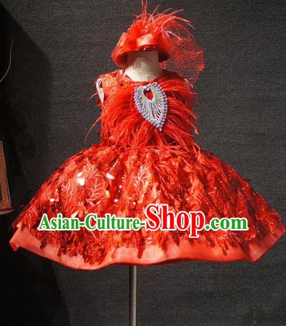 Top Children Kindergarten Performance Red Feather Short Dress Catwalks Stage Show Birthday Costume for Kids