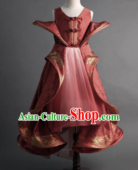 Traditional Chinese Catwalks Red Tang Suit Dress Compere Stage Performance Costume for Kids