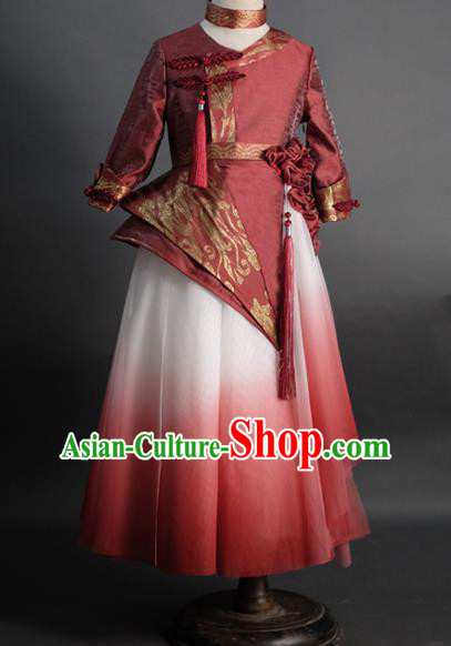 Traditional Chinese Catwalks Tang Suit Red Dress Compere Stage Performance Costume for Kids