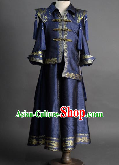 Traditional Chinese Children Embroidered Navy Tang Suit Compere Classical Dance Stage Performance Costume for Kids