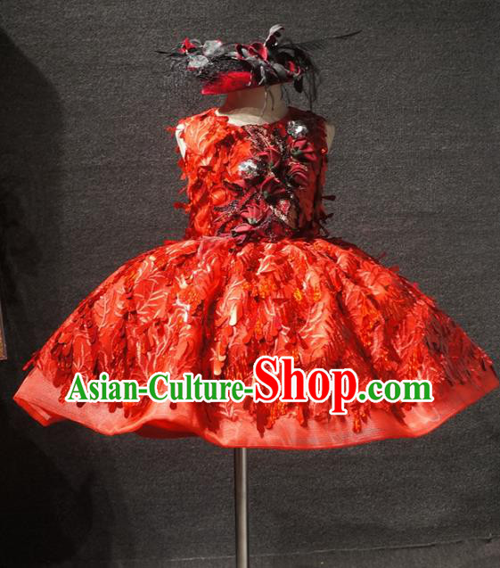 Top Children Kindergarten Performance Red Sequins Short Dress Catwalks Stage Show Birthday Costume for Kids