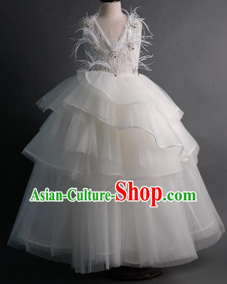 Top Children Flowers Fairy White Feather Veil Full Dress Compere Catwalks Stage Show Dance Costume for Kids