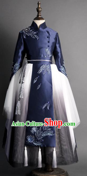 Traditional Chinese Catwalks Girl Navy Qipao Dress Compere Stage Performance Costume for Kids