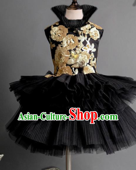 Top Children Fairy Princess Embroidered Black Veil Short Full Dress Compere Catwalks Stage Show Dance Costume for Kids