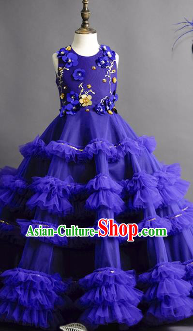 Top Children Fairy Princess Royalblue Full Dress Compere Catwalks Stage Show Dance Costume for Kids