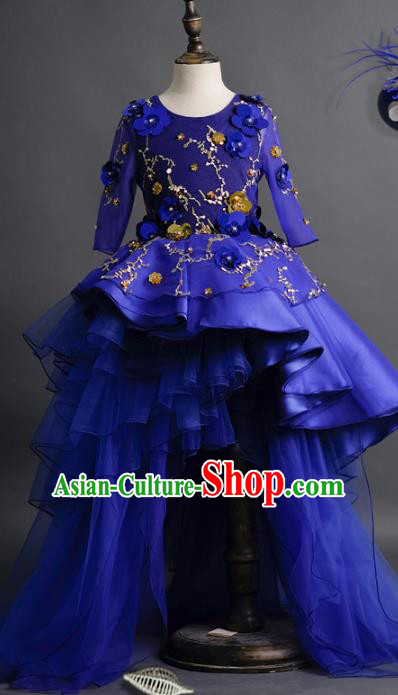 Top Children Fairy Princess Royalblue Veil Trailing Full Dress Compere Catwalks Stage Show Dance Costume for Kids