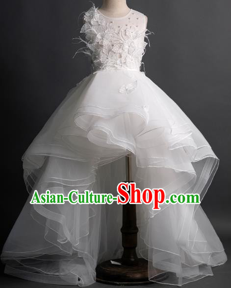 Top Children Fairy Princess White Trailing Full Dress Compere Catwalks Stage Show Dance Costume for Kids