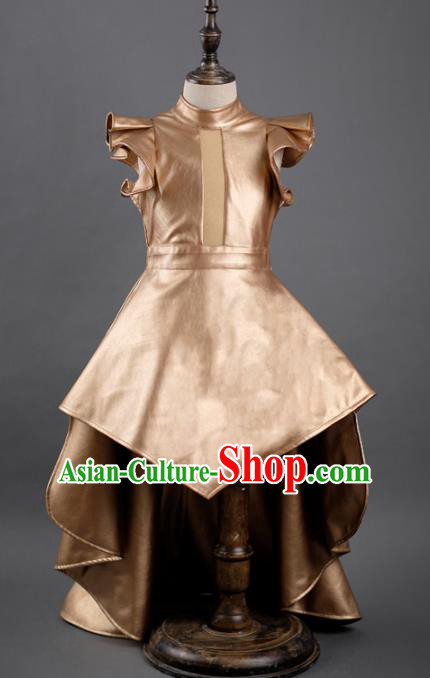 Top Children Fairy Princess Golden Trailing Full Dress Compere Catwalks Stage Show Dance Costume for Kids