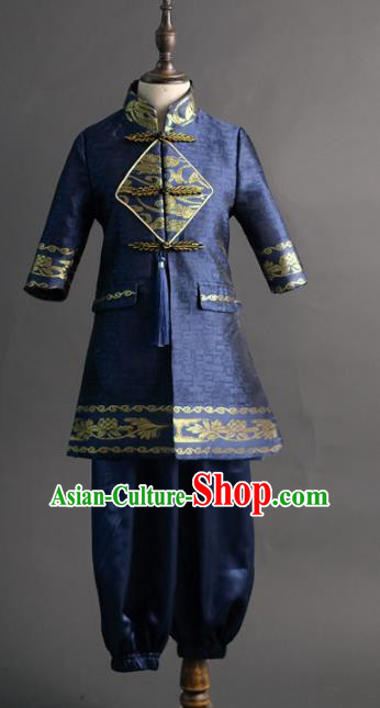 Traditional Chinese Children Navy Tang Suit Compere Classical Dance Stage Performance Costume for Kids