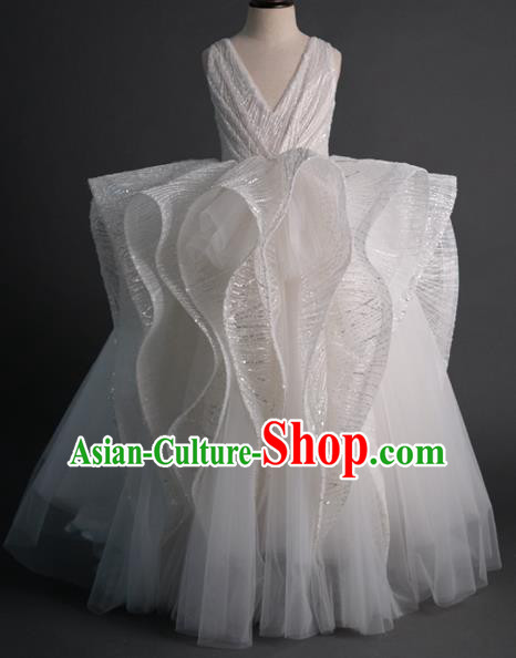 Top Children Flowers Fairy White Veil Trailing Full Dress Compere Catwalks Stage Show Dance Costume for Kids