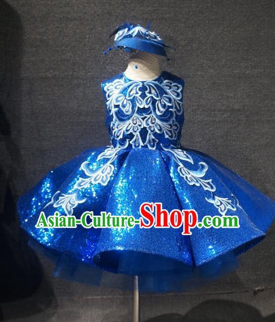 Top Children Kindergarten Performance Blue Short Dress Catwalks Stage Show Birthday Costume for Kids