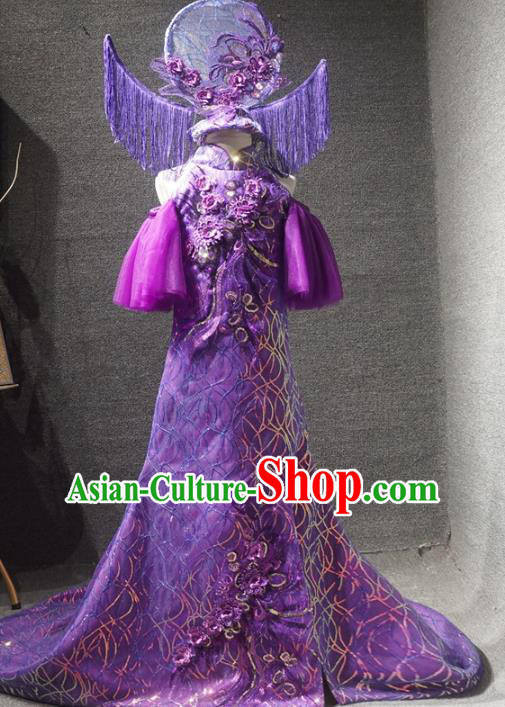 Traditional Chinese New Year Purple Qipao Dress Catwalks Compere Stage Show Costume for Kids