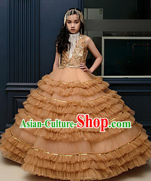 Top Children Fairy Princess Brown Bubble Full Dress Compere Catwalks Stage Show Dance Costume for Kids