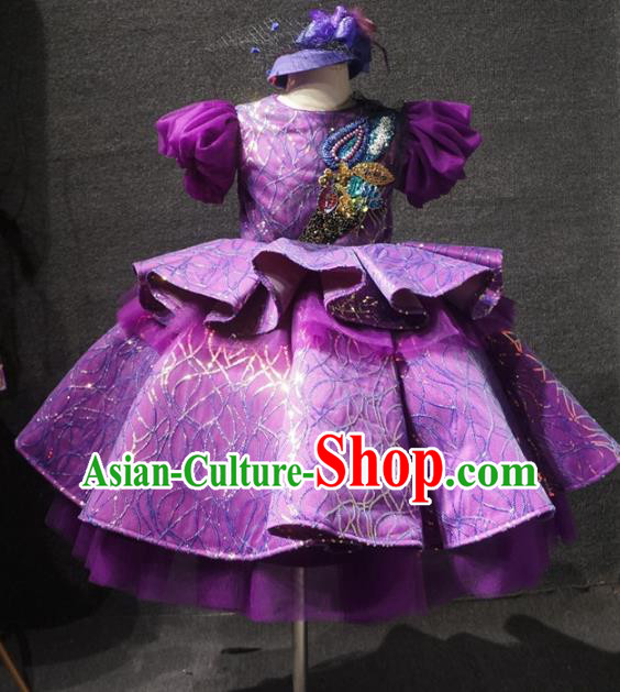 Top Kindergarten Children Performance Purple Short Dress Catwalks Stage Show Birthday Costume for Kids