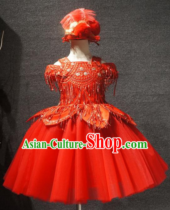 Top Kindergarten Children Day Performance Red Dress Catwalks Stage Show Birthday Costume for Kids