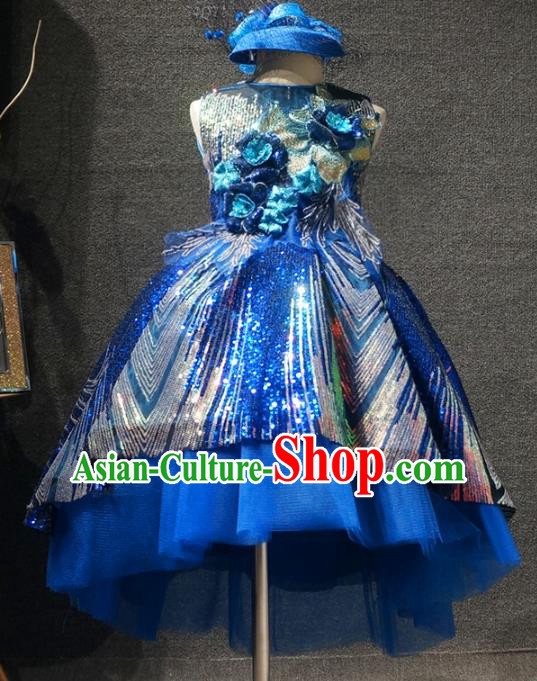 Top Kindergarten Children Day Royalblue Sequins Dress Catwalks Stage Show Birthday Costume for Kids