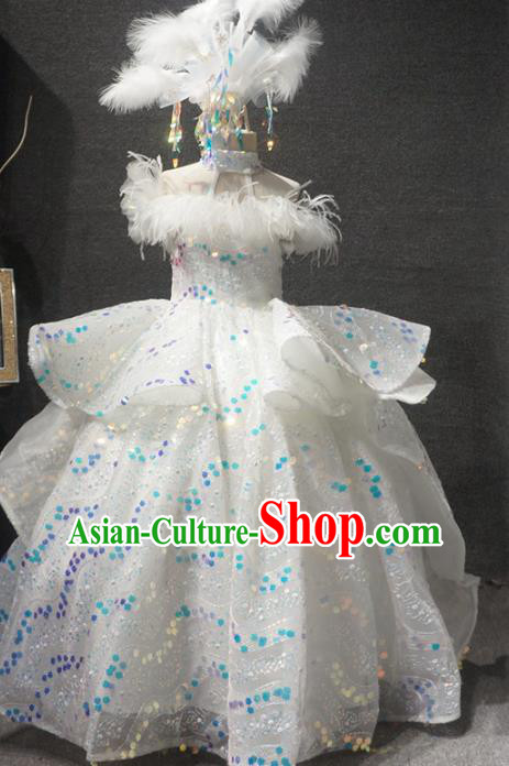 Top Children Piano Recital White Full Dress Catwalks Stage Show Birthday Costume for Kids