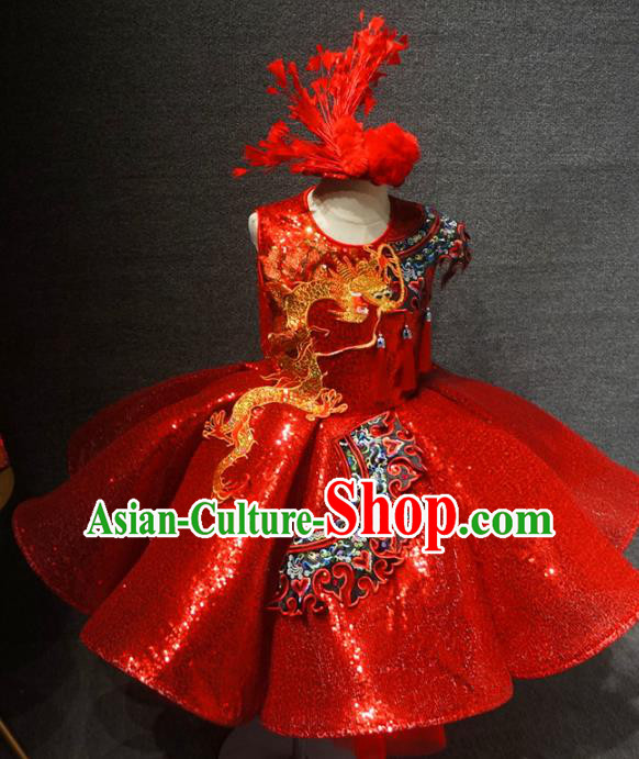 Traditional Chinese Compere Embroidered Dragon Red Full Dress Catwalks Stage Show Costume for Kids