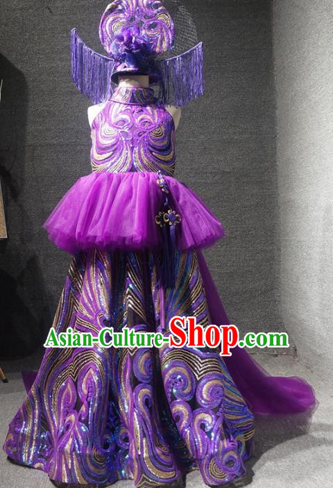 Traditional Chinese Performance Purple Qipao Dress Catwalks Compere Stage Show Costume for Kids