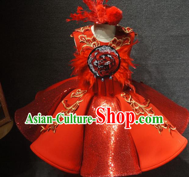 Traditional Chinese Compere Embroidered Red Short Dress Catwalks Stage Show Costume for Kids