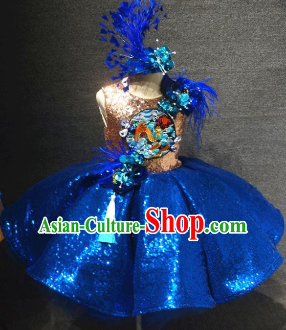 Traditional Chinese Compere Embroidered Royalblue Short Dress Catwalks Stage Show Costume for Kids