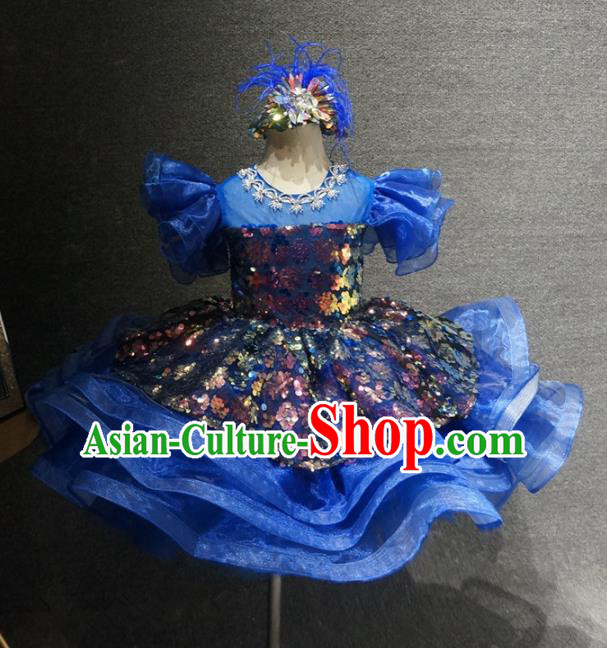 Top Grade Children Day Performance Deep Blue Short Dress Catwalks Stage Show Birthday Costume for Kids