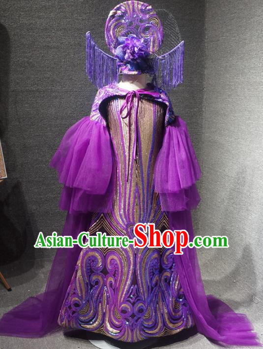 Traditional Chinese Catwalks Performance Purple Qipao Dress Compere Stage Show Costume for Kids