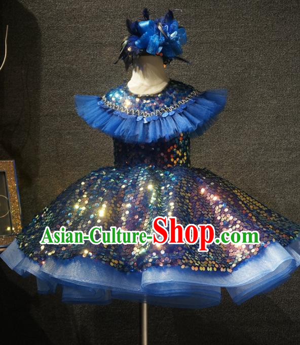 Top Children Dance Royalblue Short Paillette Dress Catwalks Princess Stage Show Birthday Costume for Kids