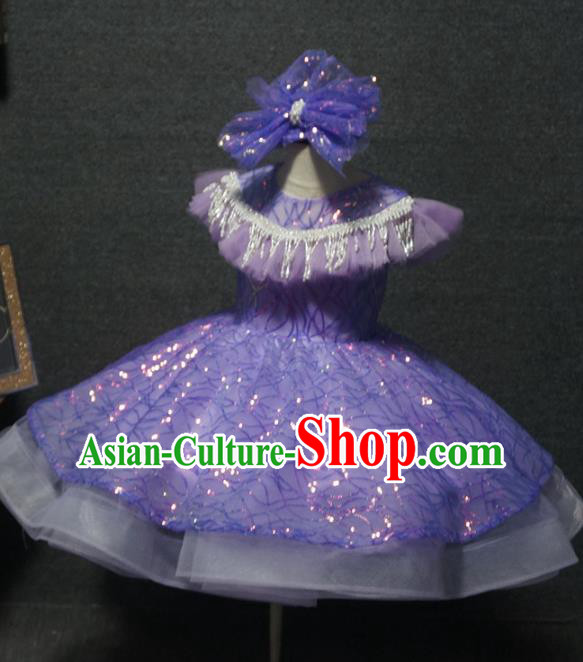 Top Children Dance Purple Short Paillette Dress Catwalks Princess Stage Show Birthday Costume for Kids