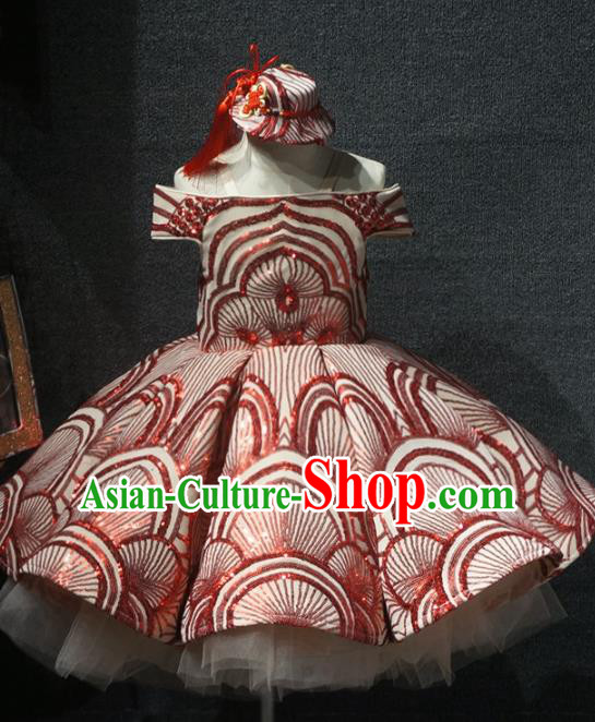 Top Children Dance Red Paillette Short Dress Catwalks Princess Stage Show Birthday Costume for Kids