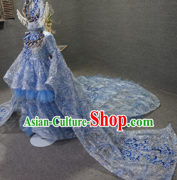 Traditional Chinese Catwalks Performance Embroidered Blue Trailing Dress Compere Stage Show Costume for Kids