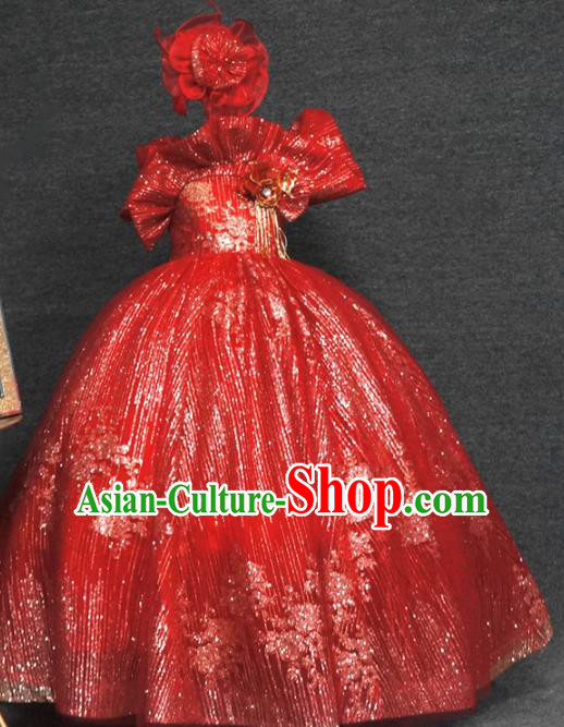 Top Children Party Red Full Dress Catwalks Princess Stage Show Birthday Costume for Kids