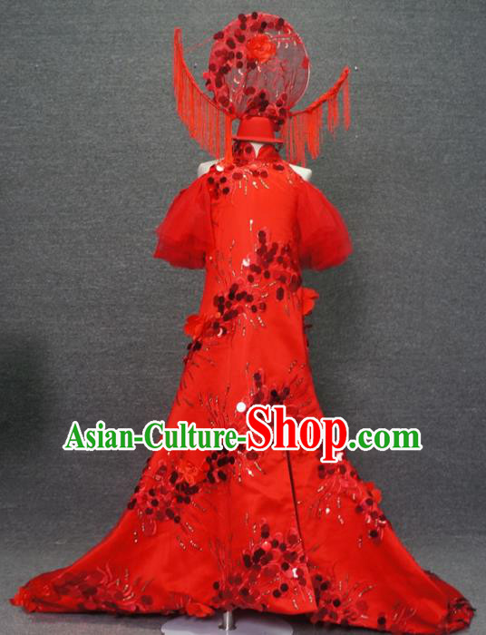 Traditional Chinese Catwalks Red Trailing Qipao Dress Compere Stage Performance Costume for Kids