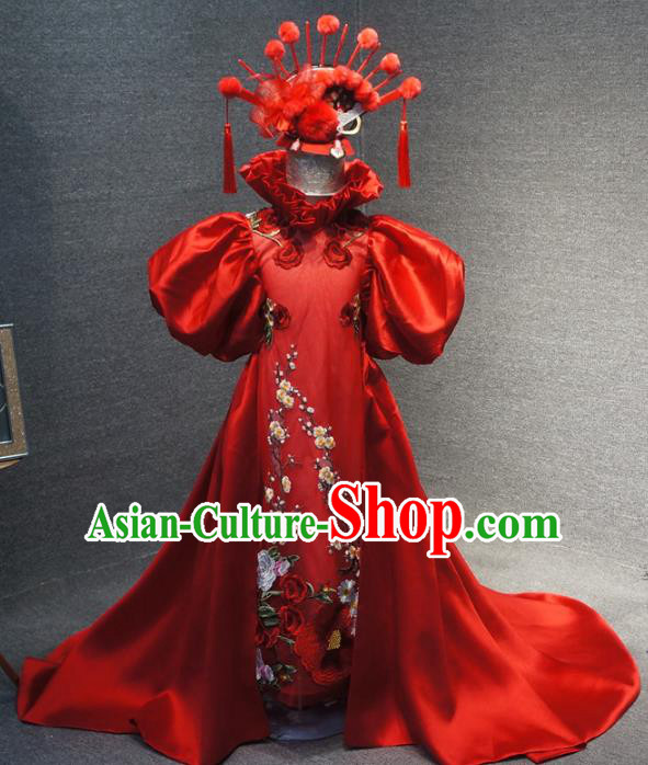 Traditional Chinese Catwalks Embroidered Plum Red Trailing Dress Compere Stage Performance Costume for Kids