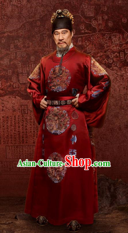 Chinese Ancient Drama Ming Dynasty Yongle Emperor Zhu Di Imperial Robe Replica Costumes and Headpiece Complete Set