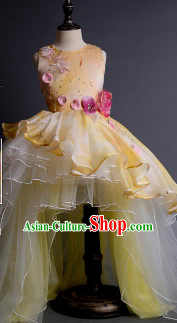 Top Children Fairy Princess Printing Yellow Veil Trailing Full Dress Compere Catwalks Stage Show Dance Costume for Kids