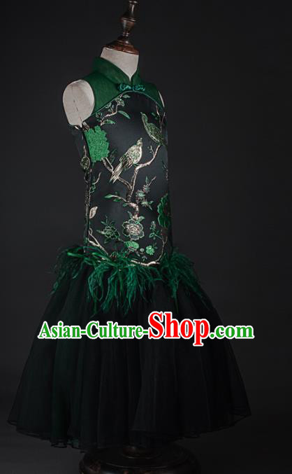 Traditional Chinese Girl Embroidered Atrovirens Qipao Dress Compere Stage Performance Costume for Kids